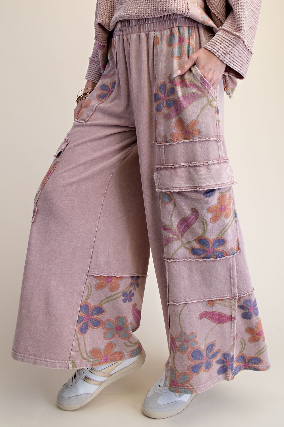 Easel Floral Print Mix Wash Terry Pants