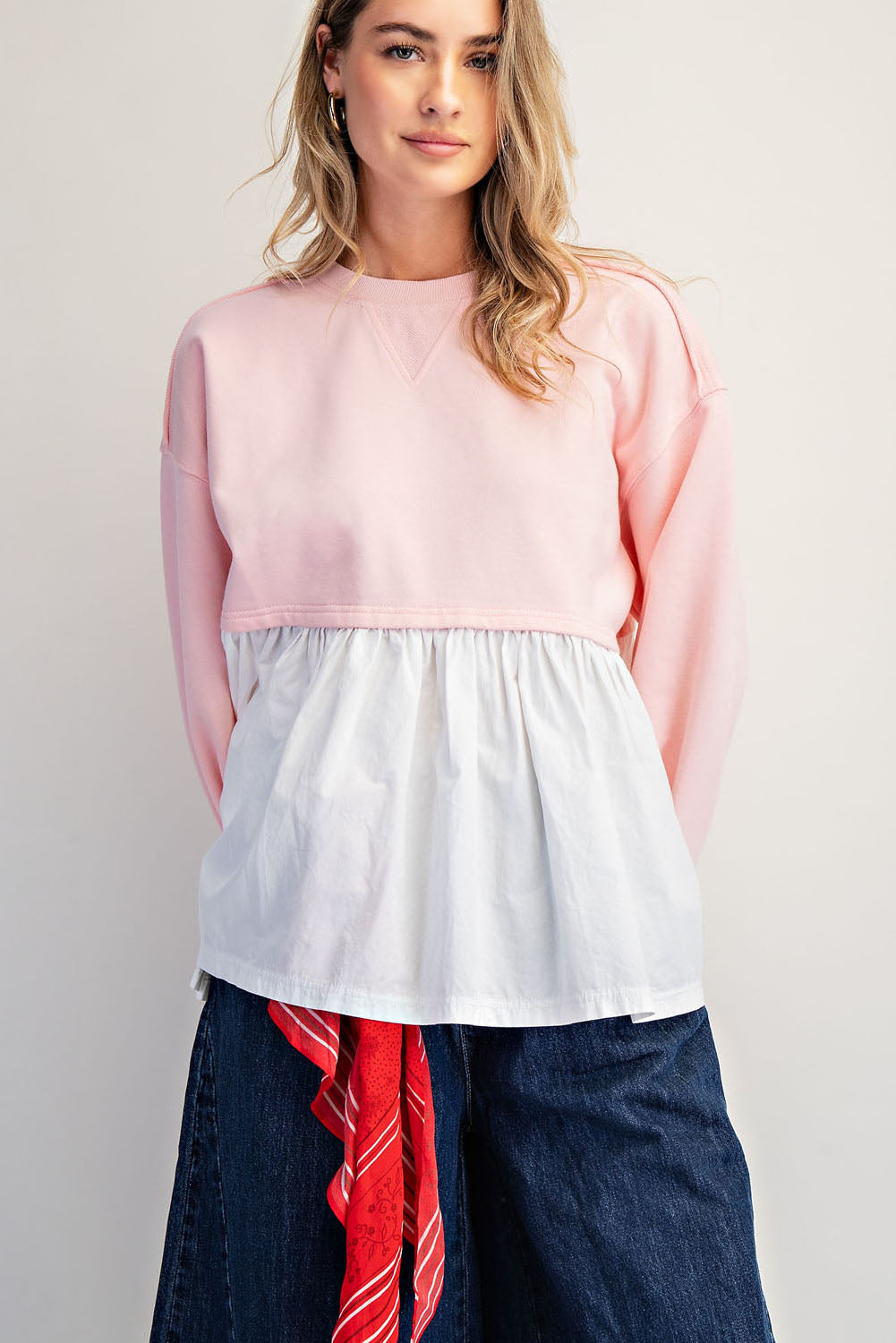 Oversized Sweatshirt Top with Pleated Skirt Hem