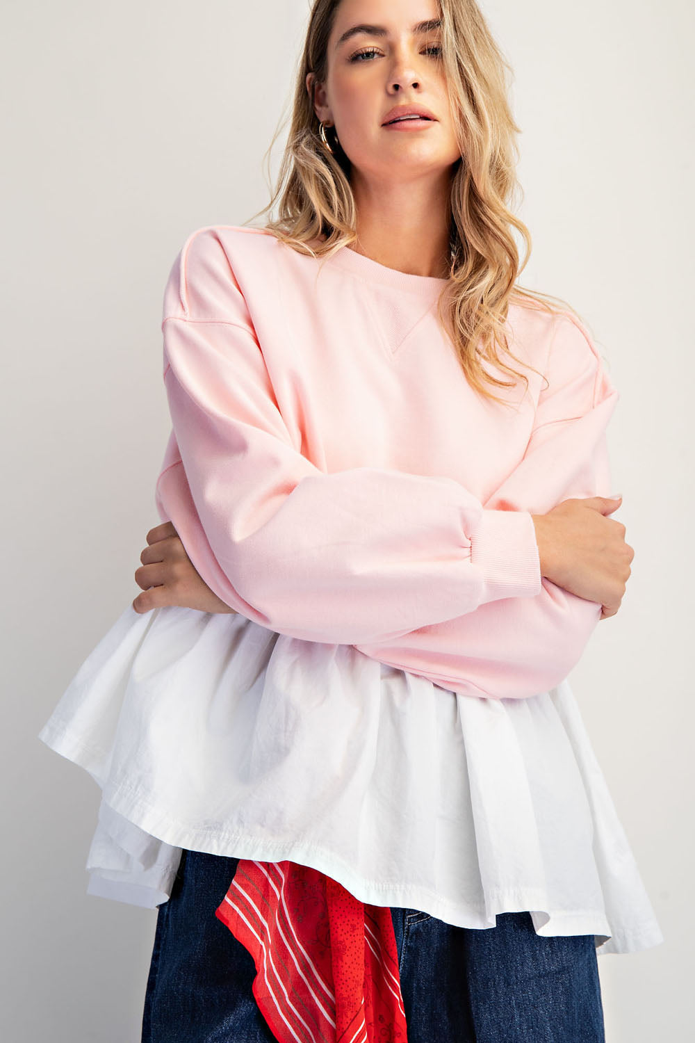 Oversized Sweatshirt Top with Pleated Skirt Hem