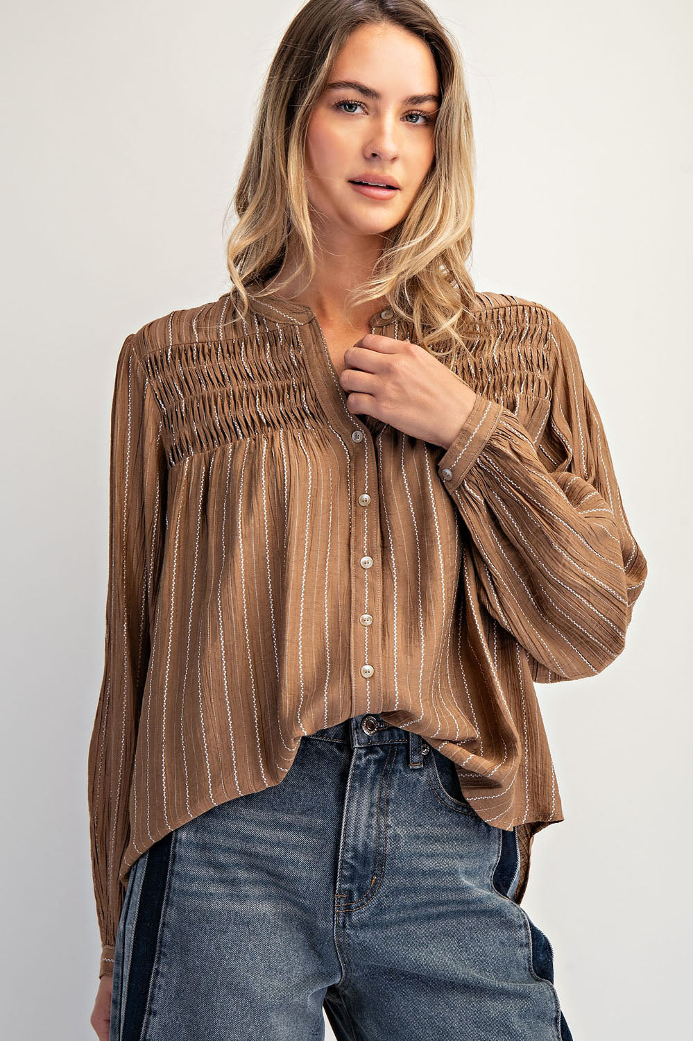 Vertical Striped Smocked Button-Down Blouse