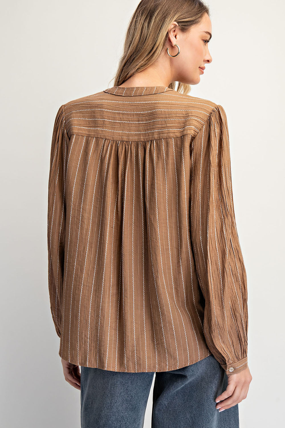 Vertical Striped Smocked Button-Down Blouse