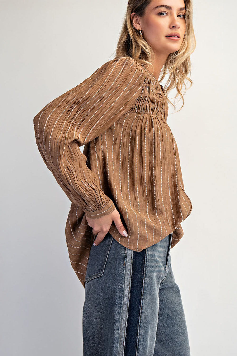 Vertical Striped Smocked Button-Down Blouse