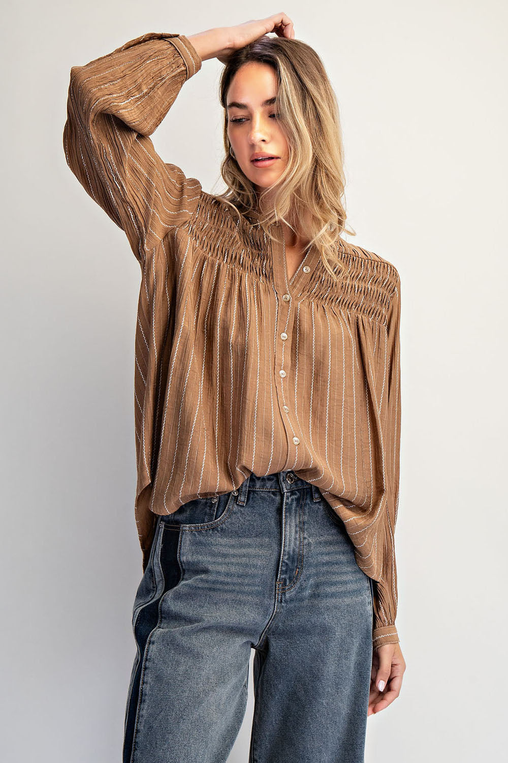 Vertical Striped Smocked Button-Down Blouse
