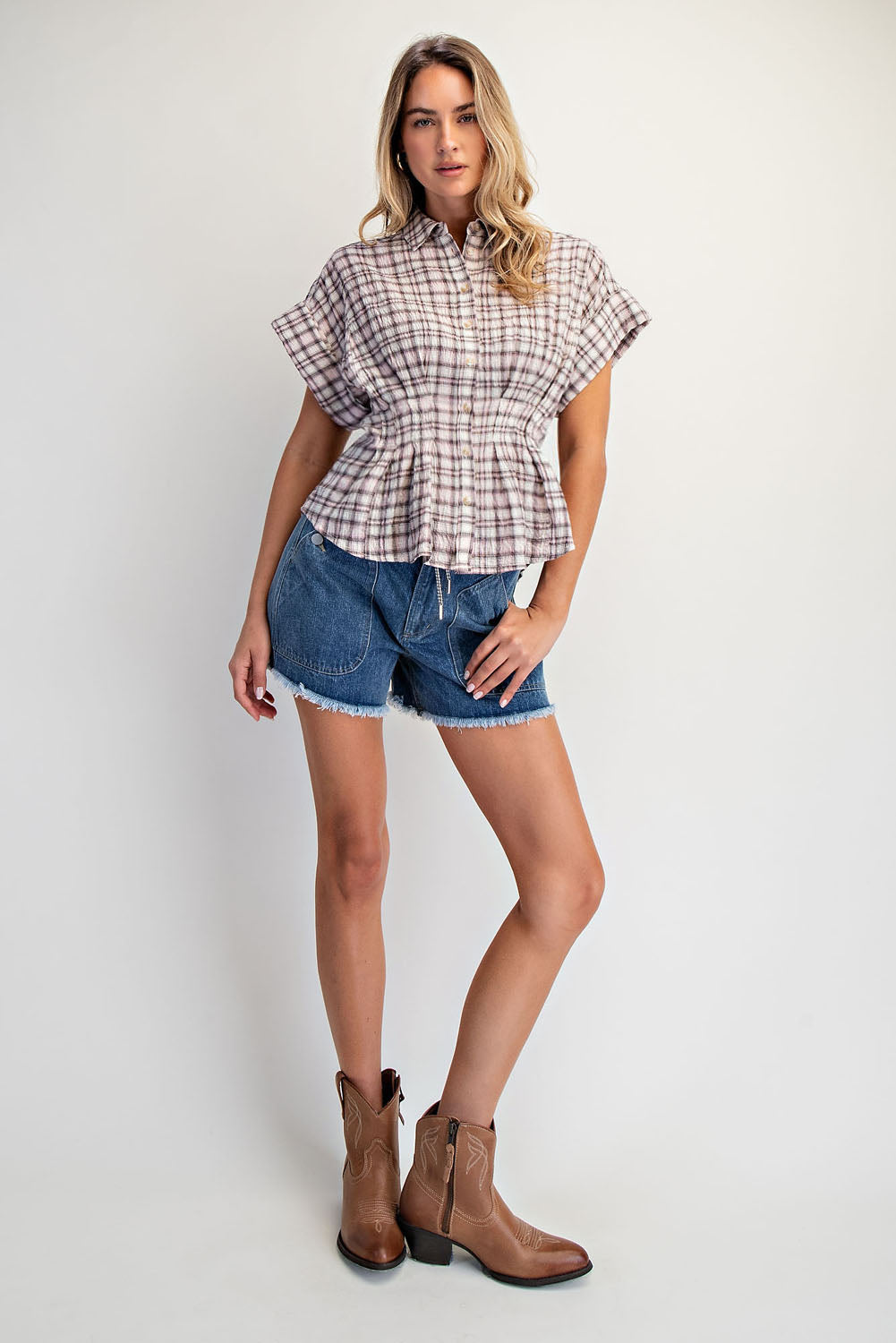Short Sleeve Fitted Waist Plaid Blouse
