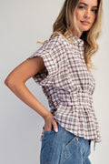 Short Sleeve Fitted Waist Plaid Blouse
