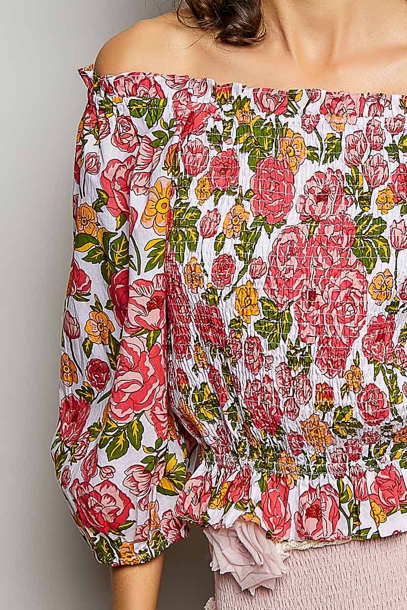 Pol Floral Block Print Off-Shoulder Smocked Top