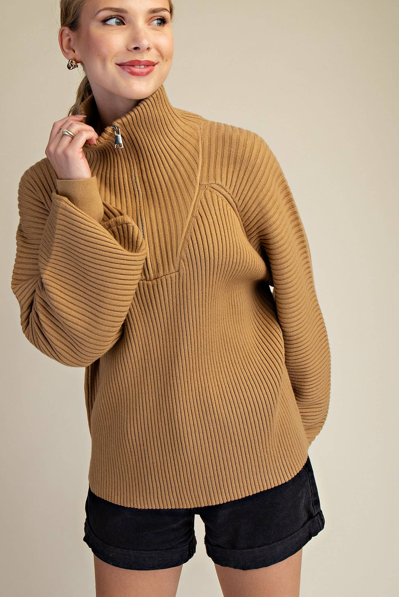 Glam Half-Zip Ribbed Sweater in Camel