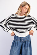 Striped Crewneck Pullover Sweater with Crochet Patch Trim