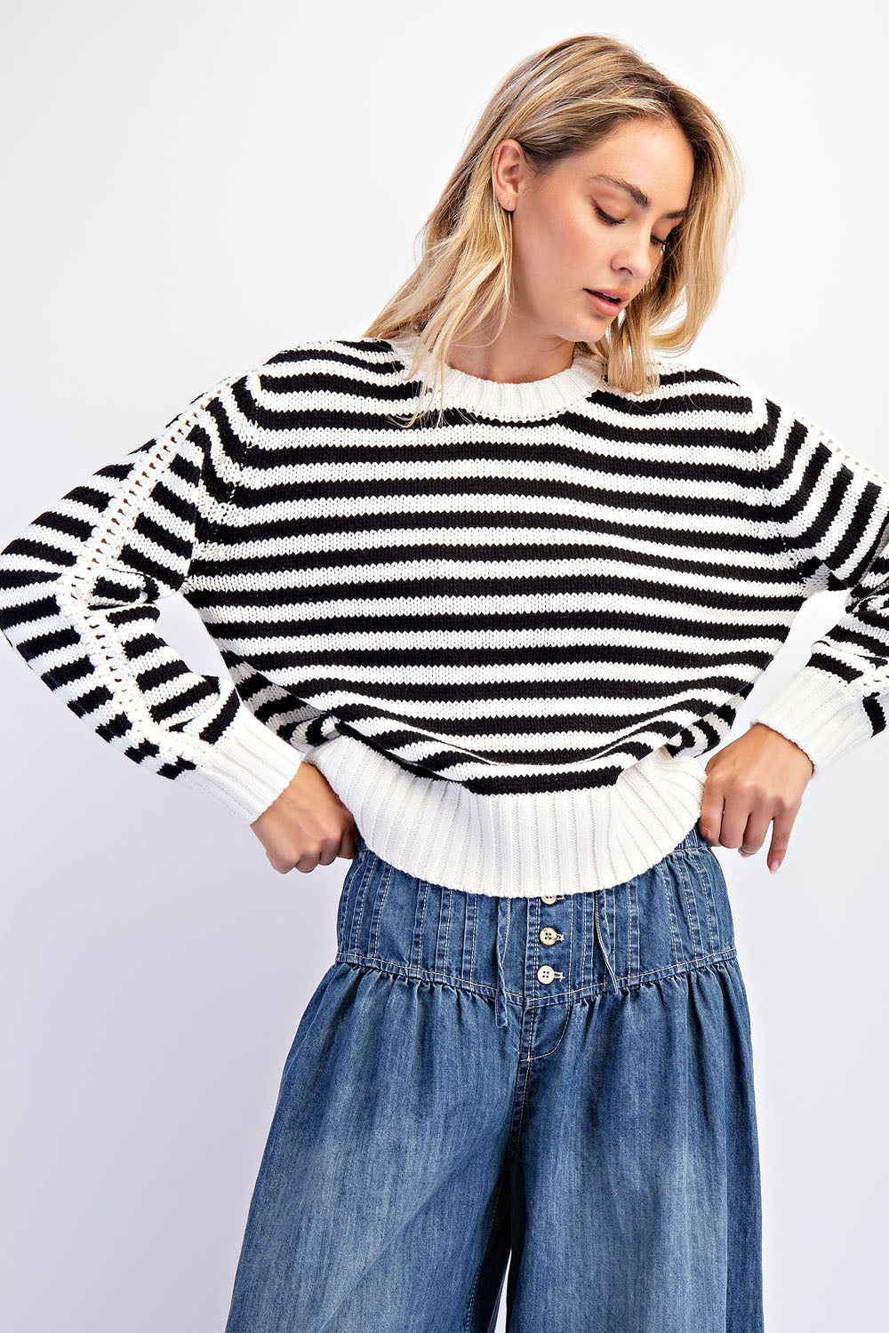 Striped Crewneck Pullover Sweater with Crochet Patch Trim
