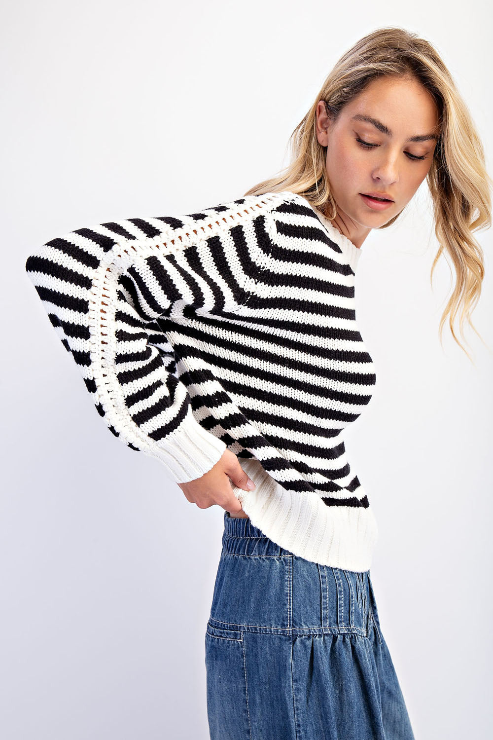Striped Crewneck Pullover Sweater with Crochet Patch Trim