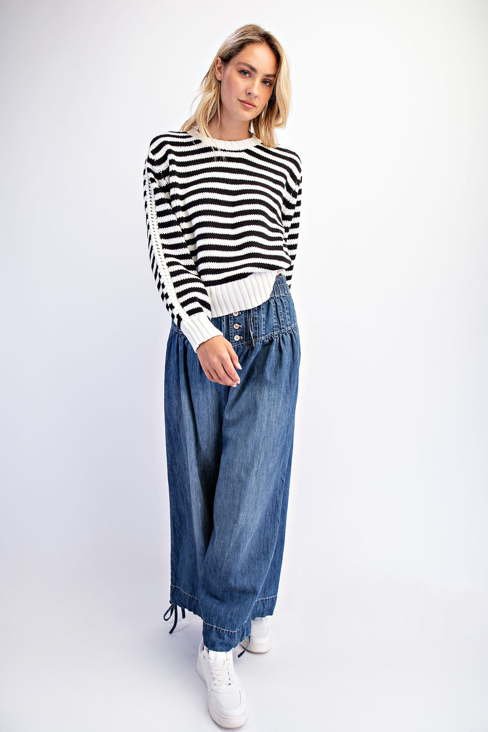 Striped Crewneck Pullover Sweater with Crochet Patch Trim