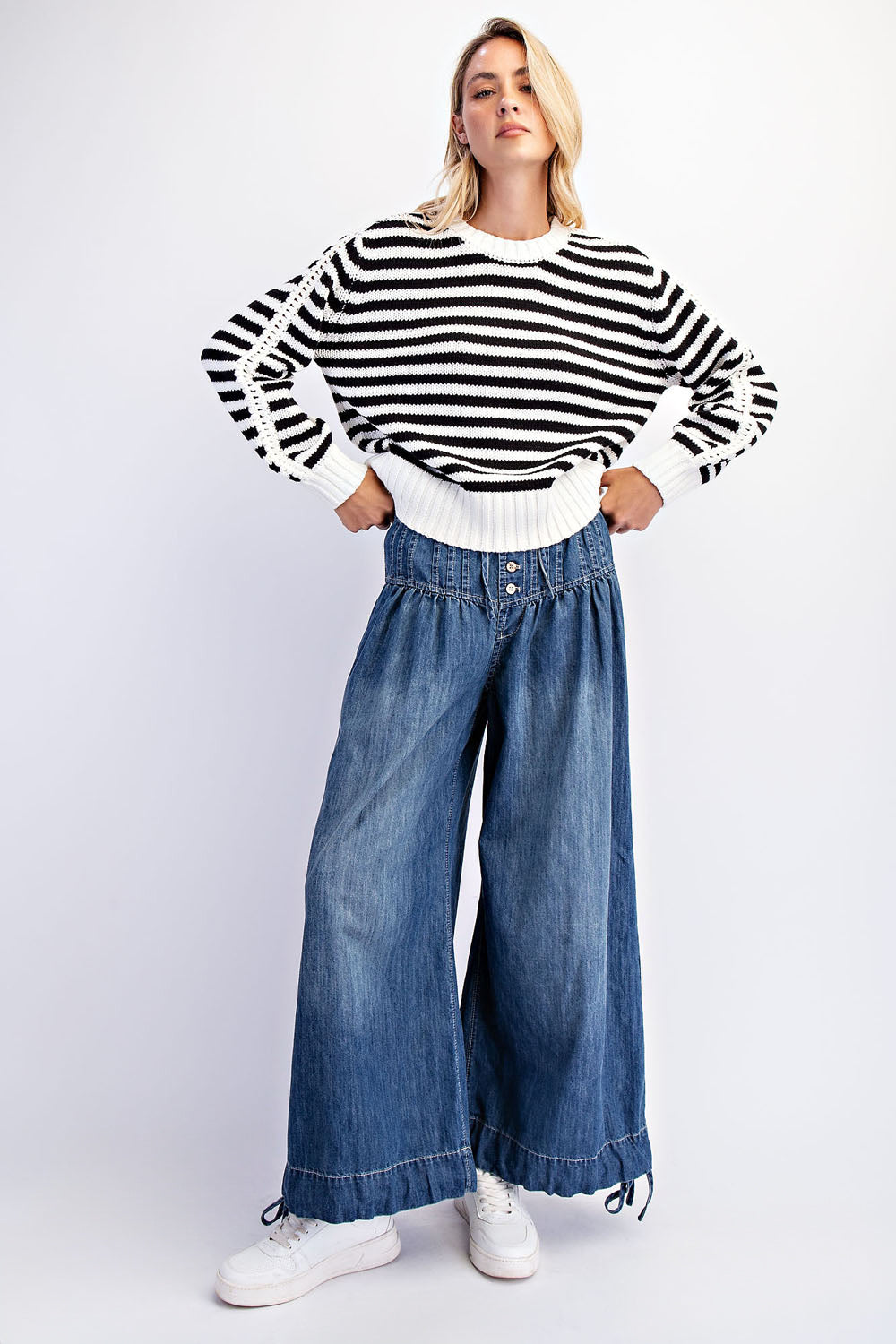 Striped Crewneck Pullover Sweater with Crochet Patch Trim