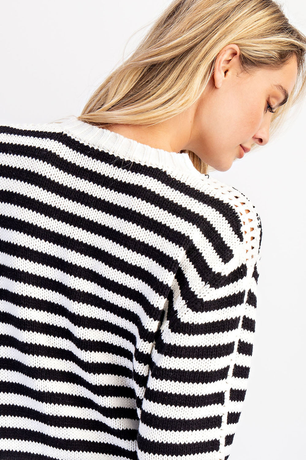 Striped Crewneck Pullover Sweater with Crochet Patch Trim