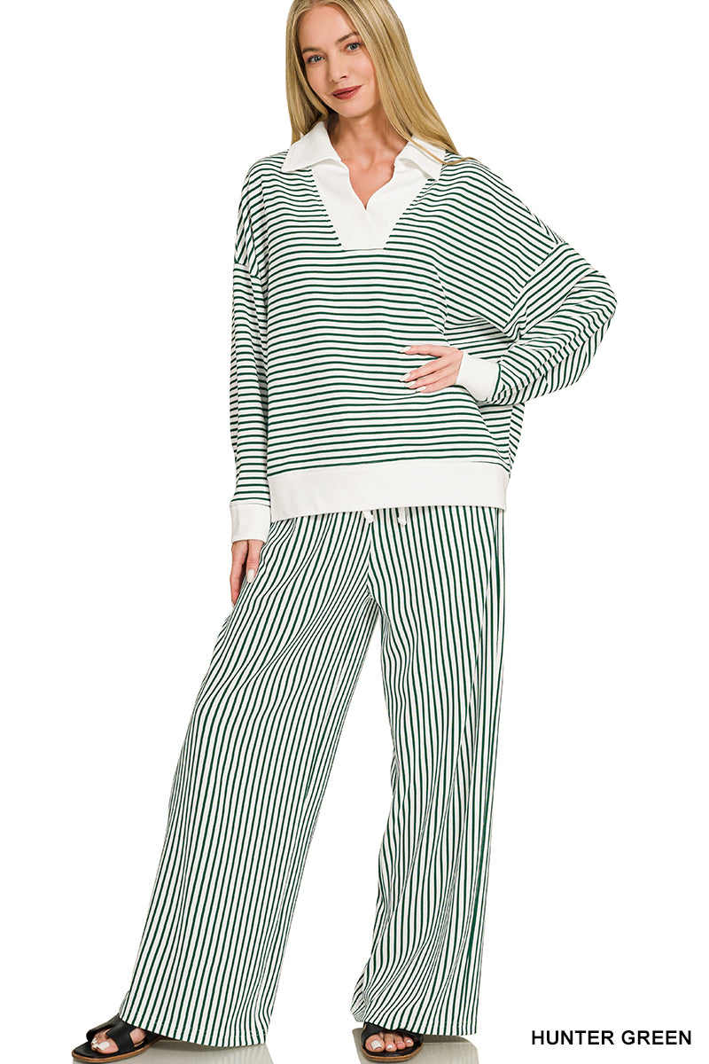 Zenana Striped Split-Neck Collared Top & Pants Set
