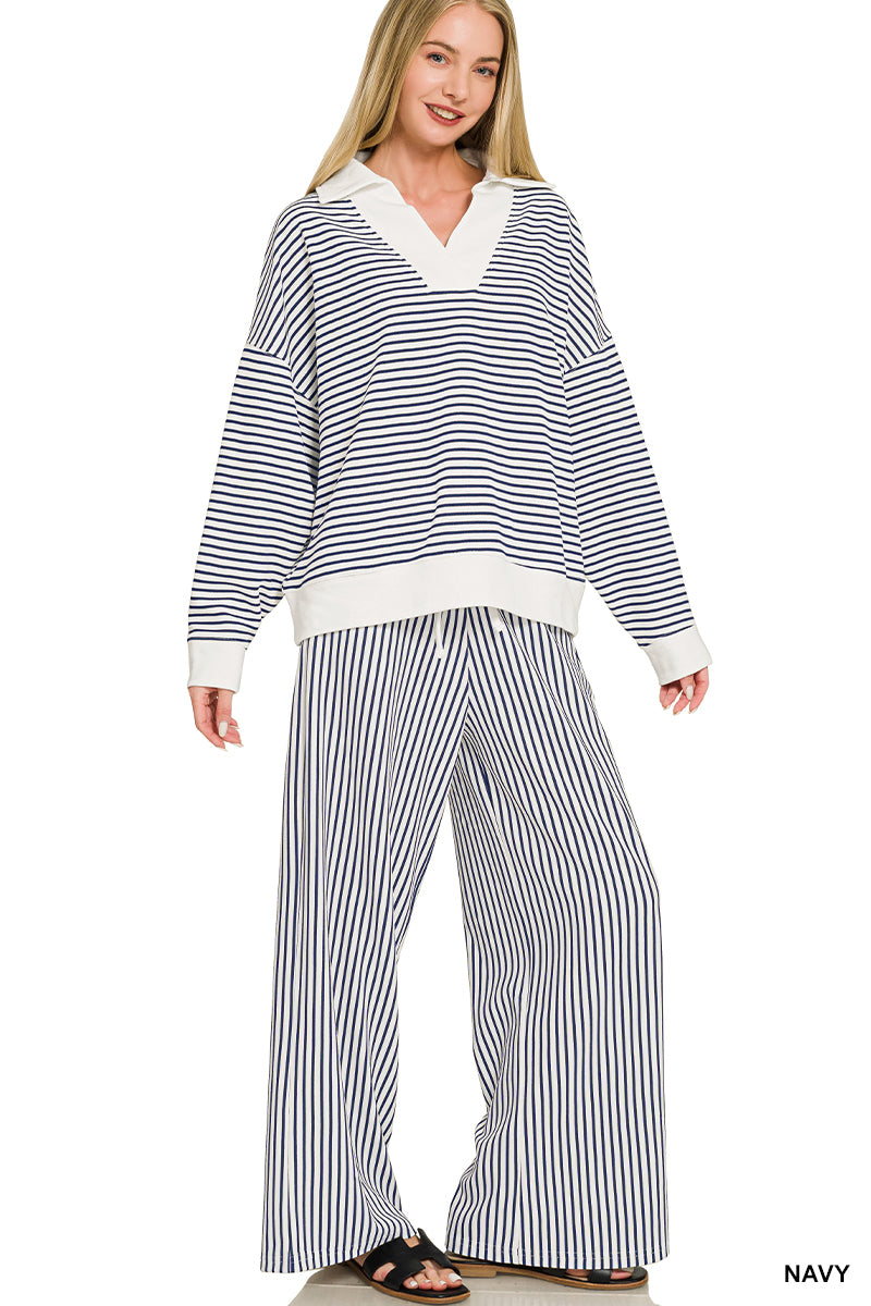 Zenana Striped Split-Neck Collared Top & Pants Set