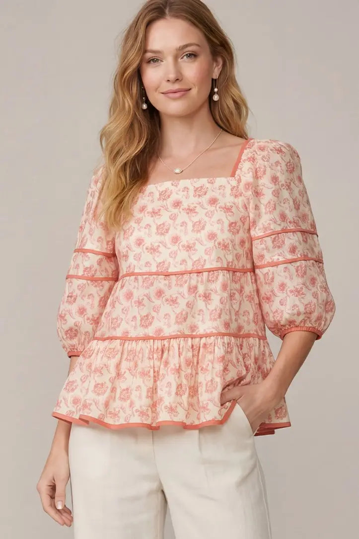 WOVEN FLORAL PRINT TIERED TOP