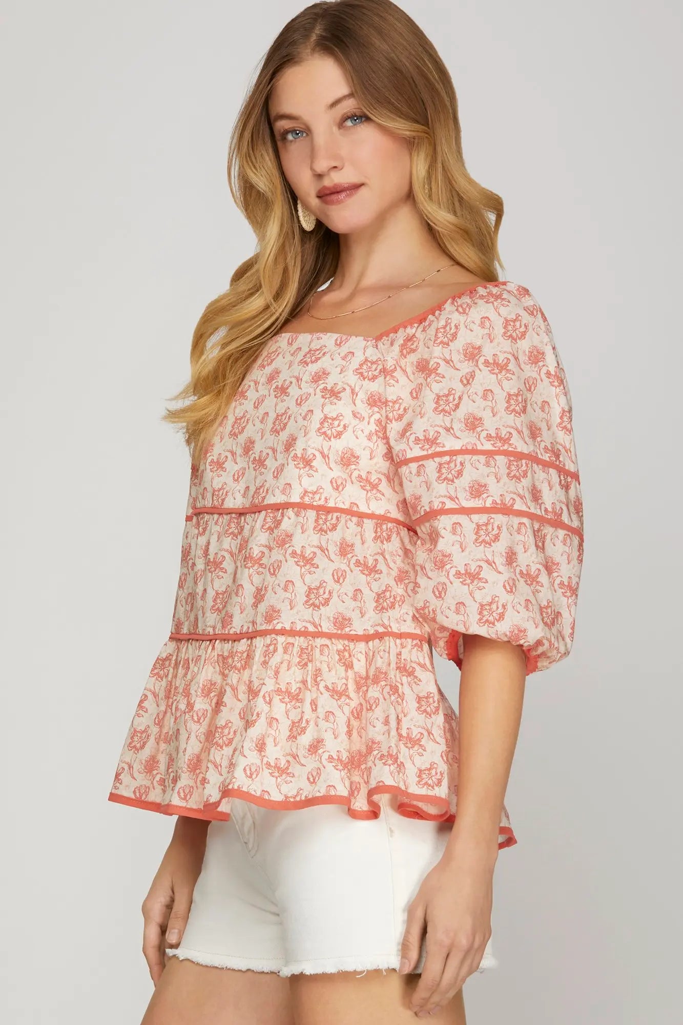 WOVEN FLORAL PRINT TIERED TOP