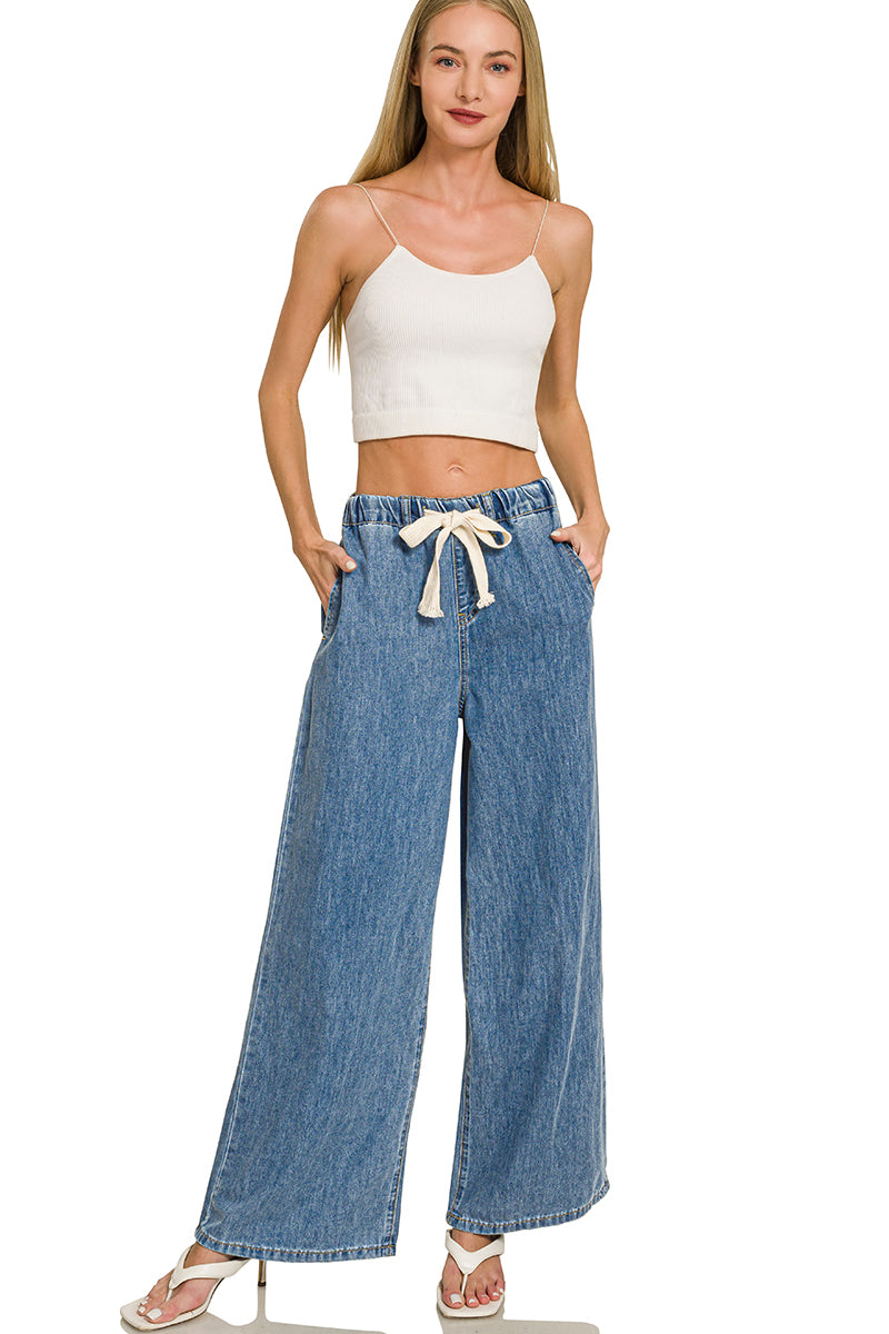 Zenana Wide-Leg Drawstring Elastic Waist Denim Pants