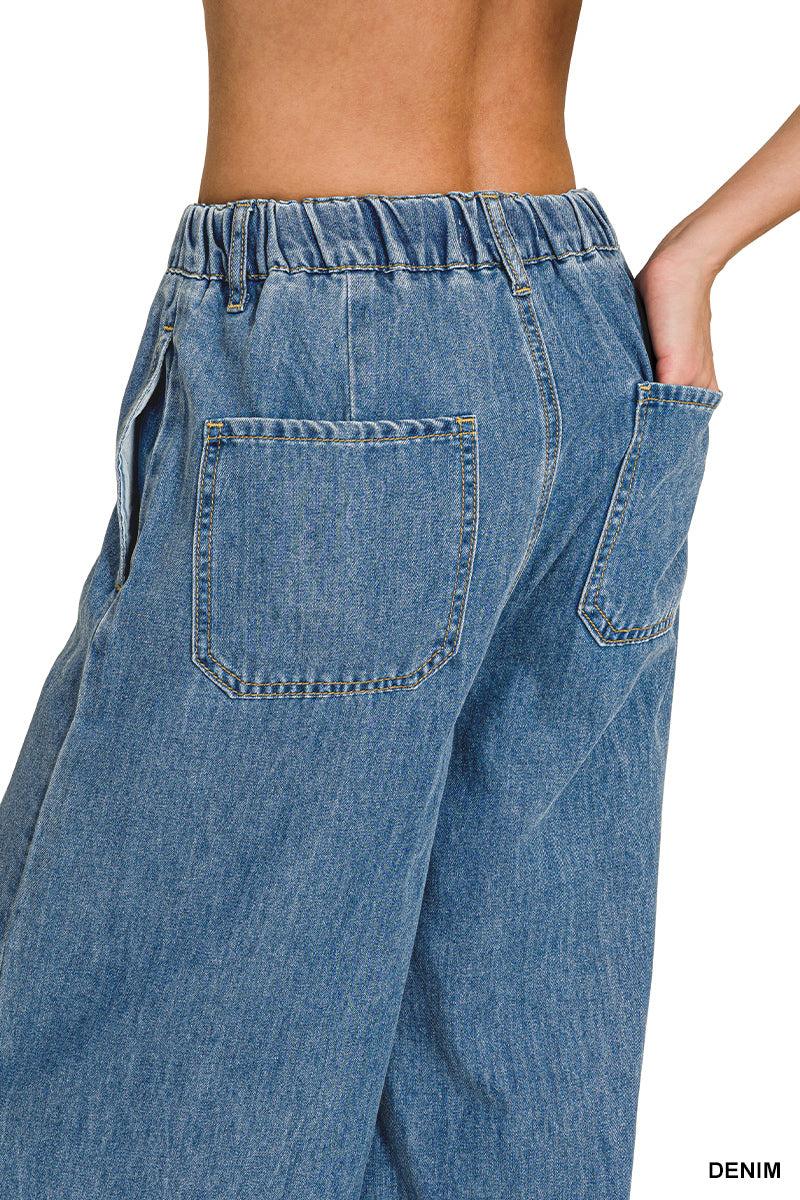 Zenana Wide-Leg Drawstring Elastic Waist Denim Pants