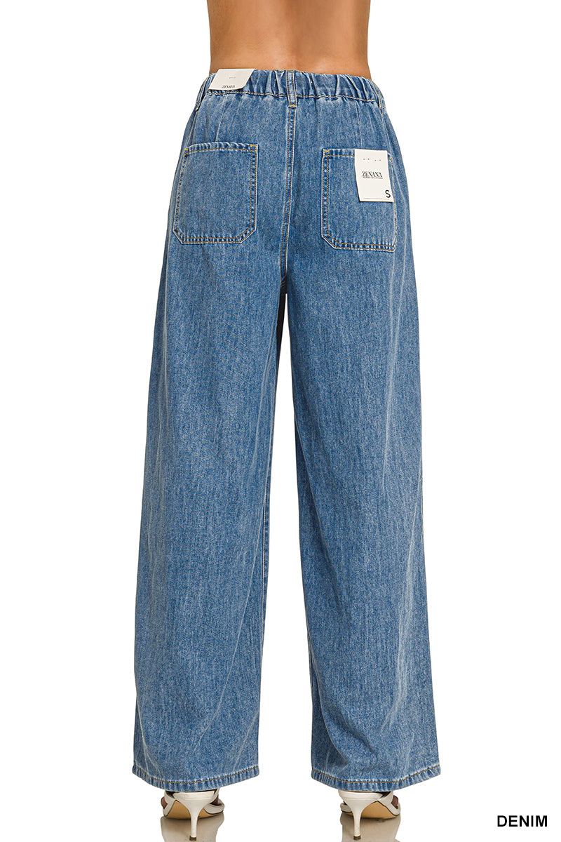Zenana Wide-Leg Drawstring Elastic Waist Denim Pants
