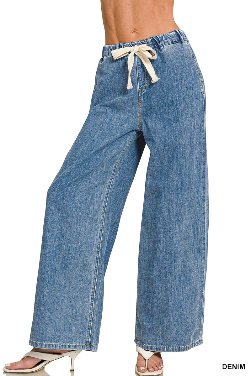 Zenana Wide-Leg Drawstring Elastic Waist Denim Pants