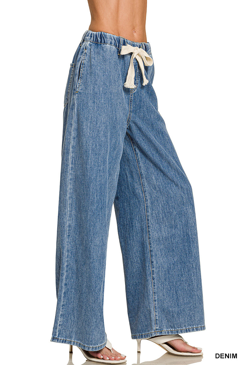 Zenana Wide-Leg Drawstring Elastic Waist Denim Pants