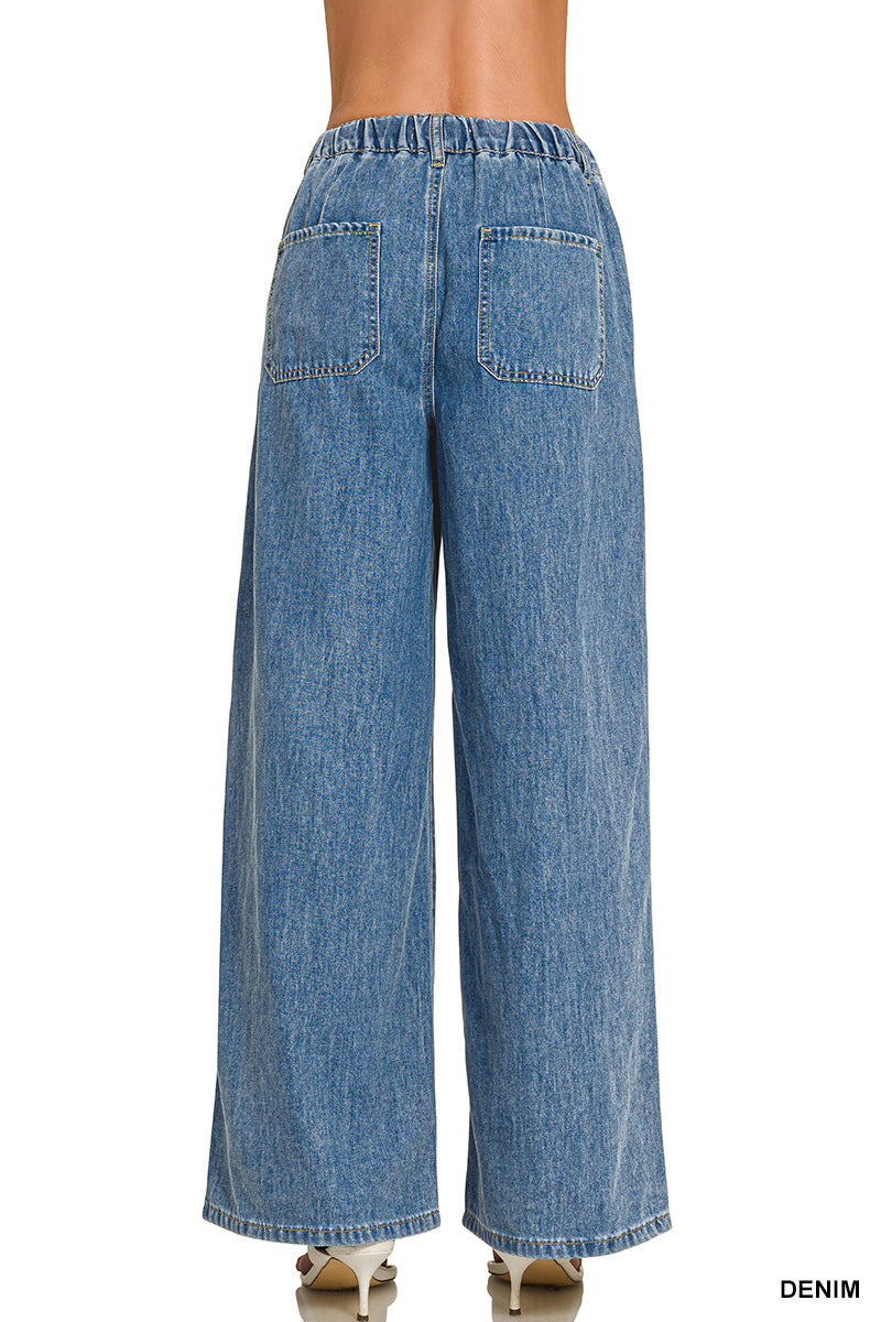 Zenana Wide-Leg Drawstring Elastic Waist Denim Pants