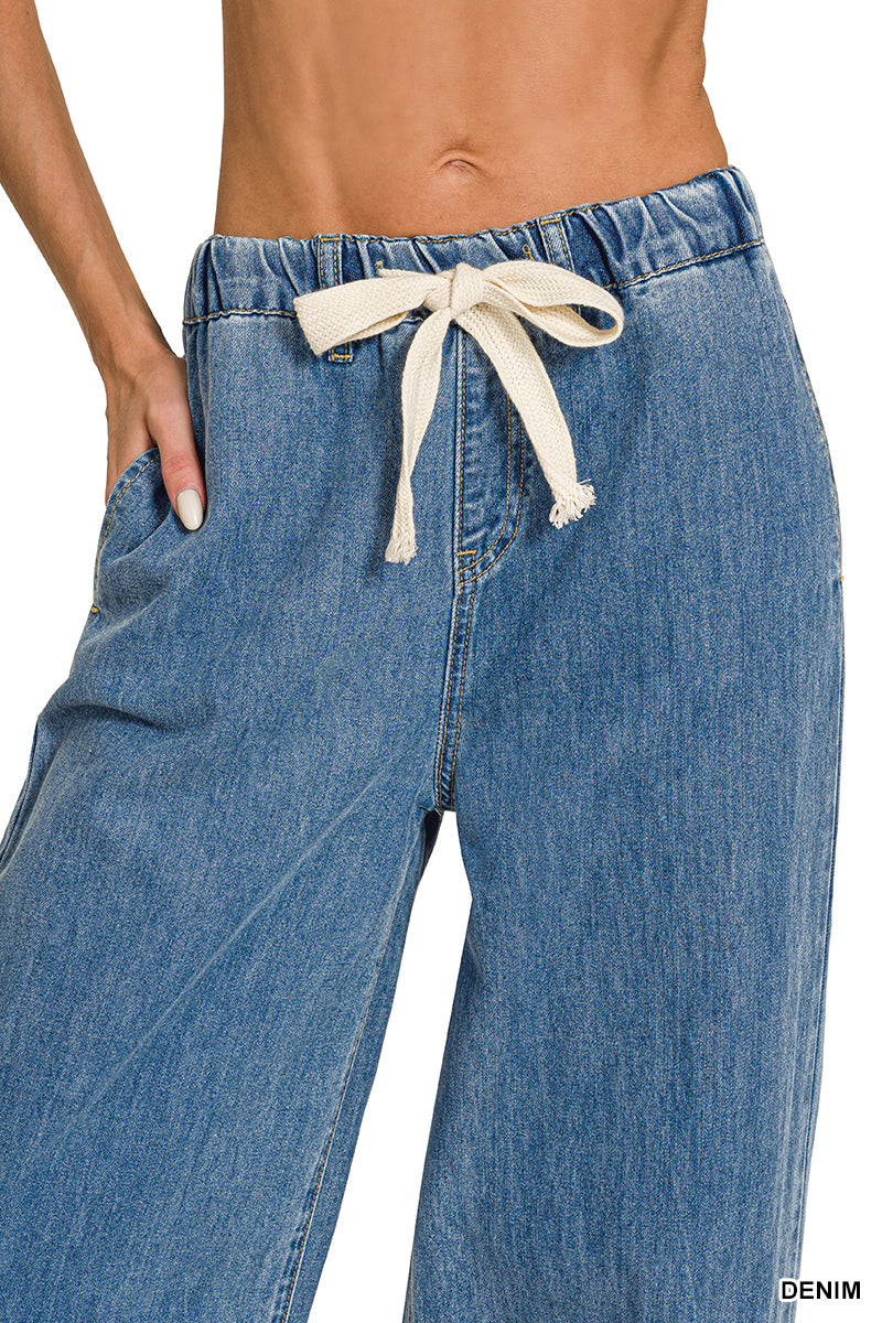 Zenana Wide-Leg Drawstring Elastic Waist Denim Pants