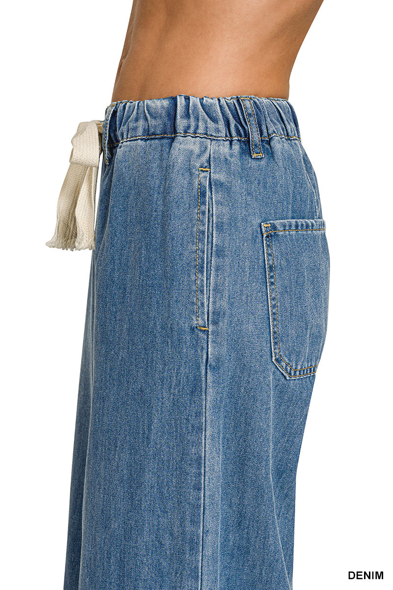 Zenana Wide-Leg Drawstring Elastic Waist Denim Pants