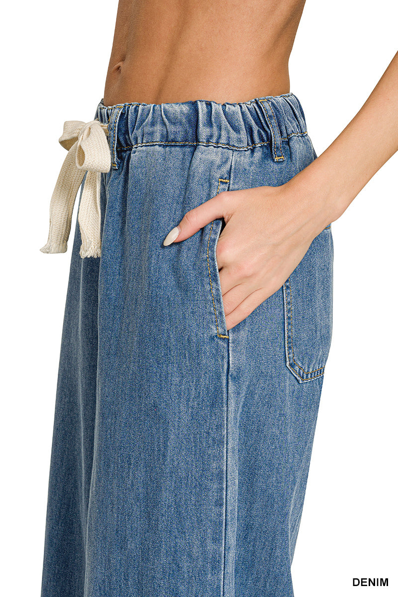 Zenana Wide-Leg Drawstring Elastic Waist Denim Pants