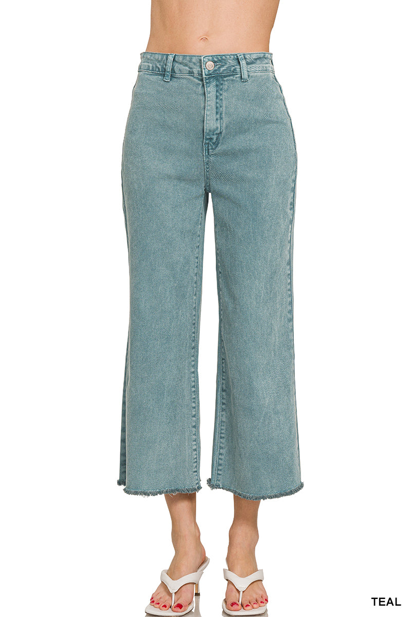 ACID WASHED HIGH WAIST FRAYED HEM STRAIGHT WIDE PANTS