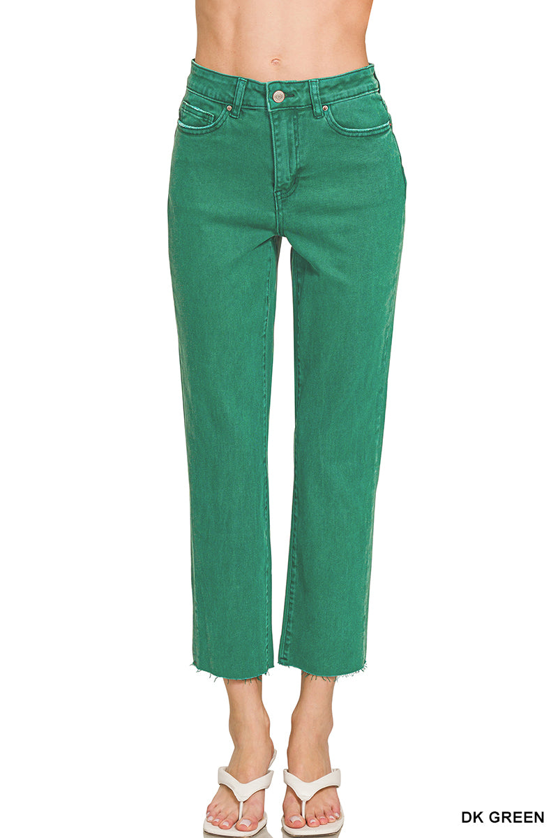 ACID WASHED HIGH WAIST CROPPED STRAIGHT PANTS