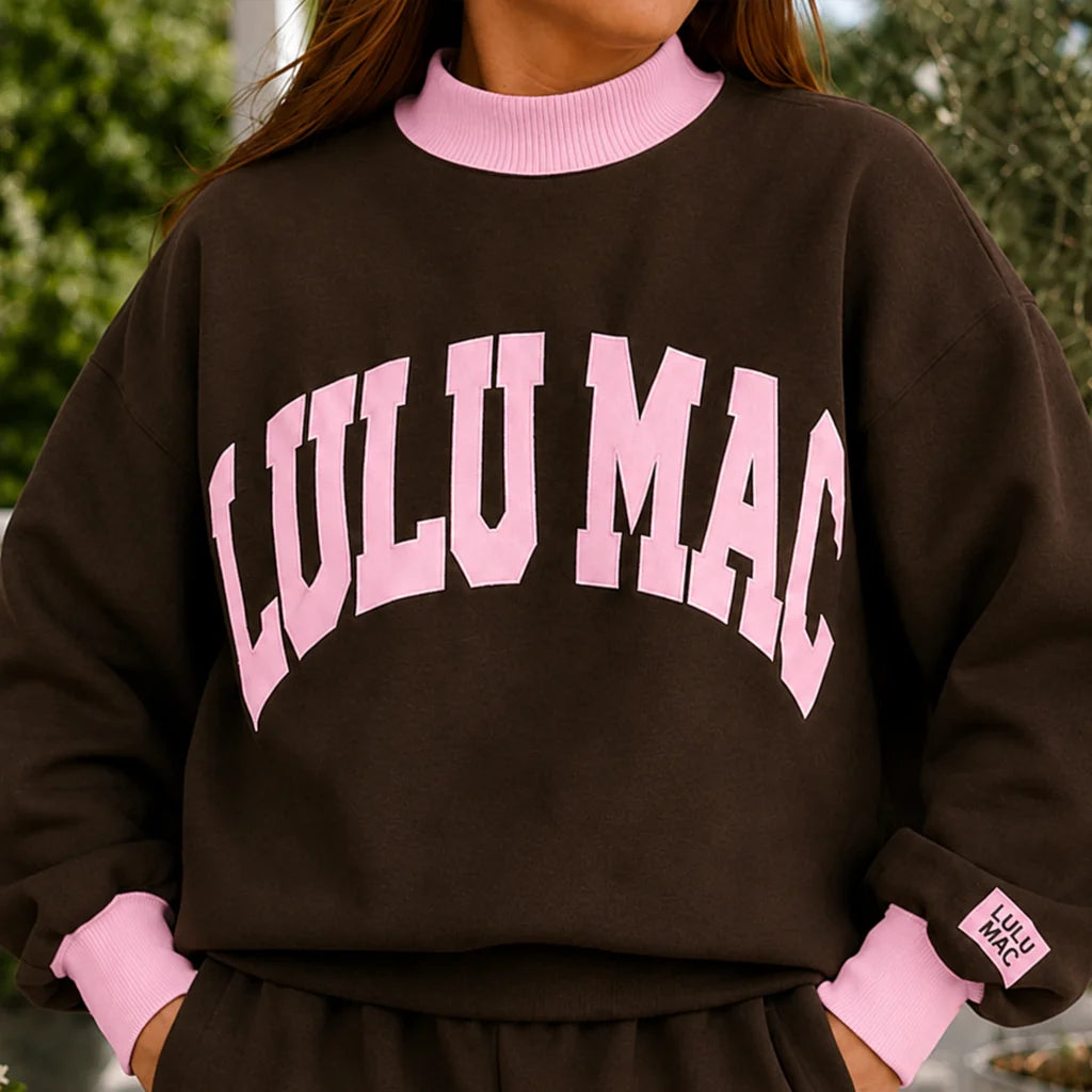 Lulu Mac Puff Mock Neck Sweatshirt in Brown/Light Pink
