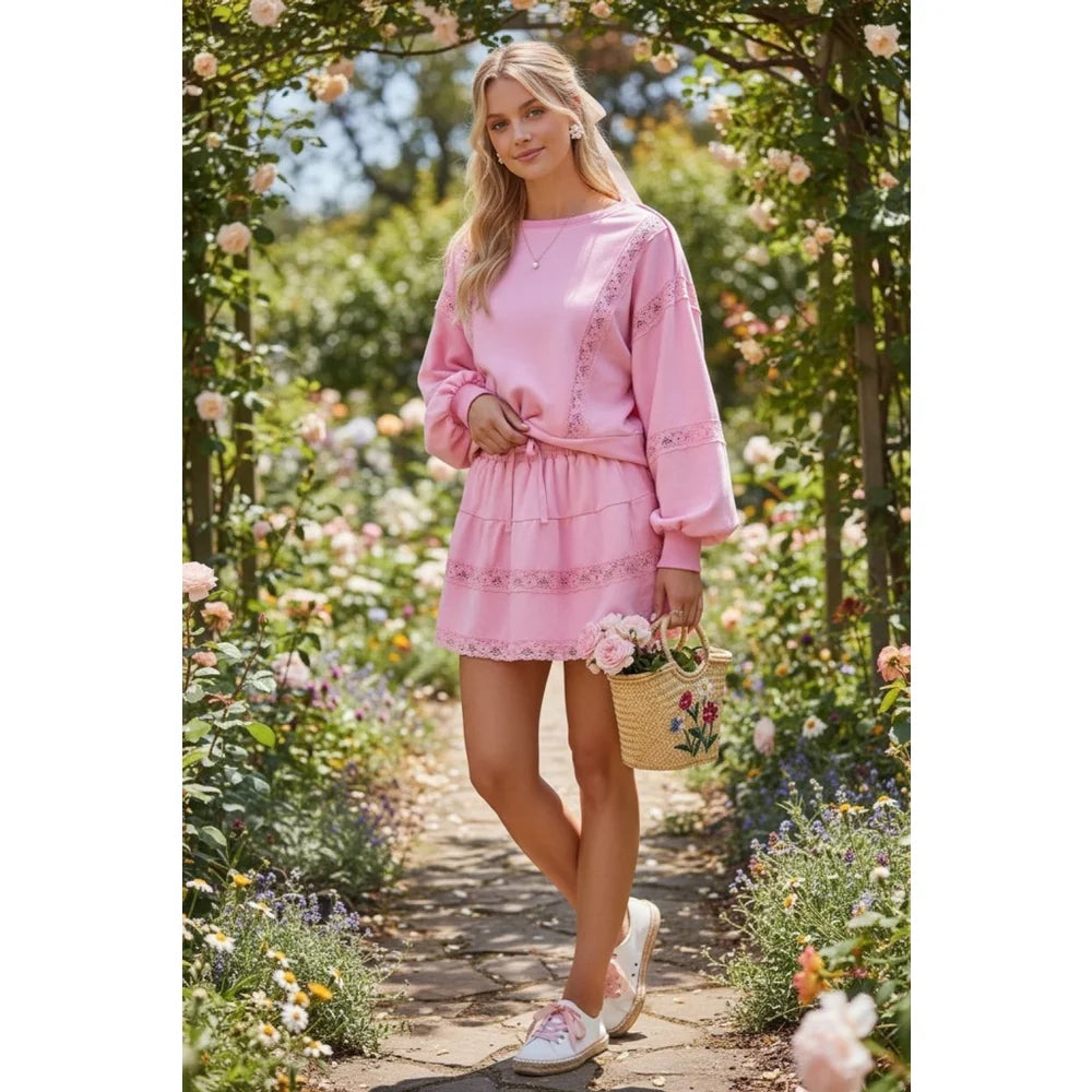 2 pc Set - Pink Coquette Skort Set Balloon Sleeve