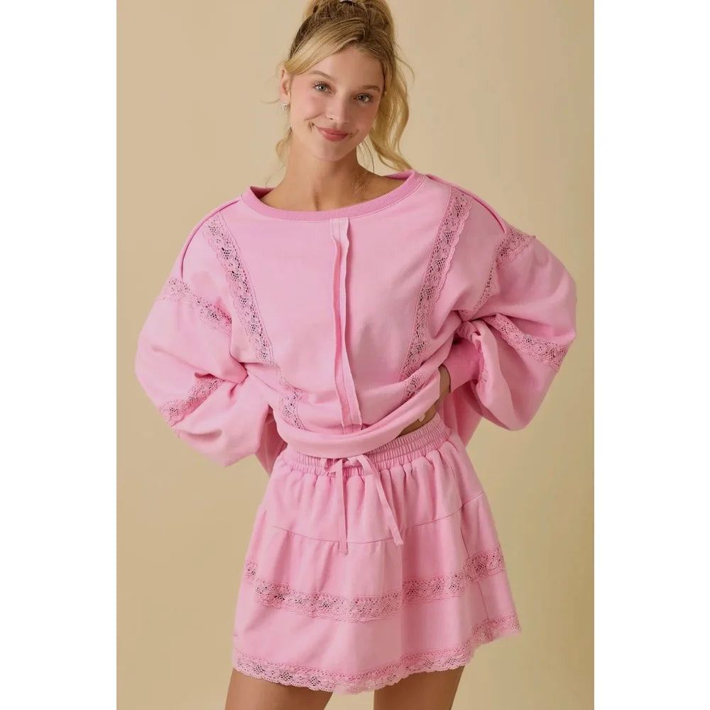 2 pc Set - Pink Coquette Skort Set Balloon Sleeve