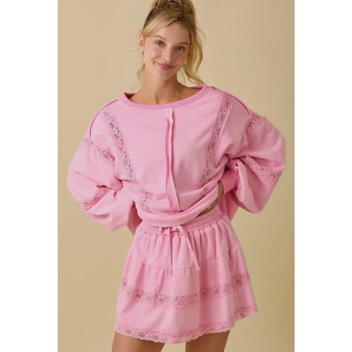 2 pc Set - Pink Coquette Skort Set Balloon Sleeve