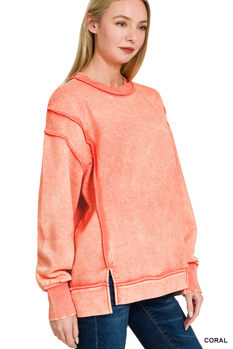 Zenana Acid Wash Exposed-Seam Fleece Sweatshirt
