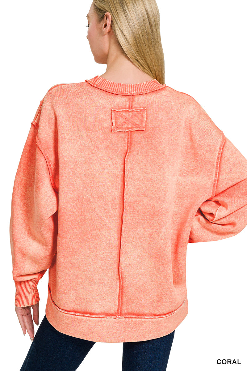 Zenana Acid Wash Exposed-Seam Fleece Sweatshirt