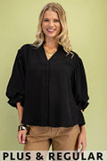 GiGiO Balloon Sleeve Blouse with Rounded Back Yoke - Black (Plus)