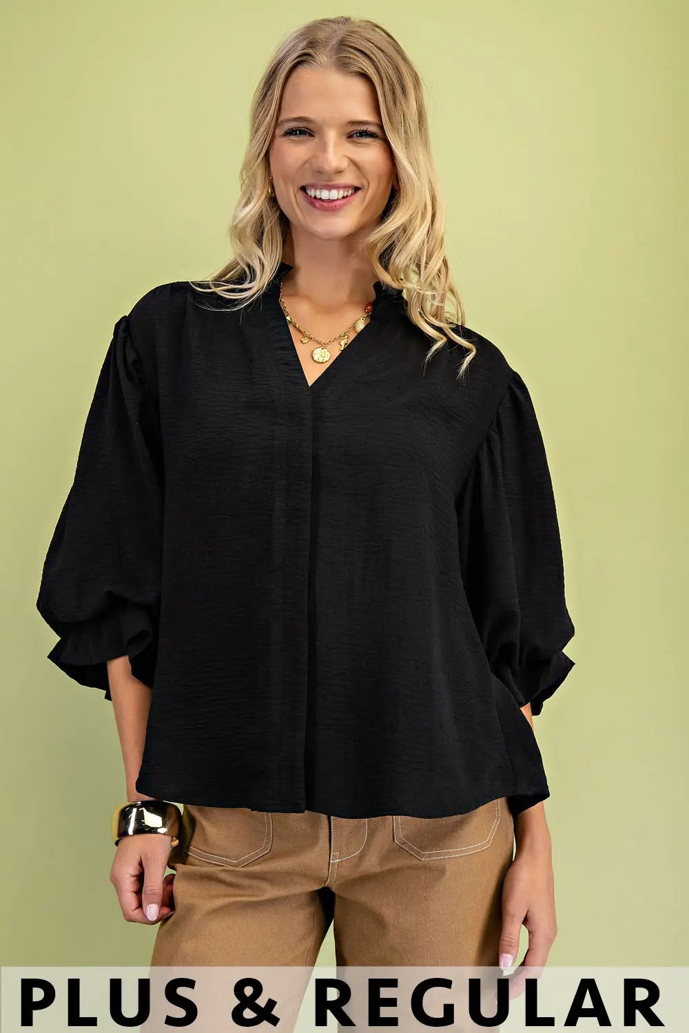 GiGiO Balloon Sleeve Blouse with Rounded Back Yoke - Black (Plus)