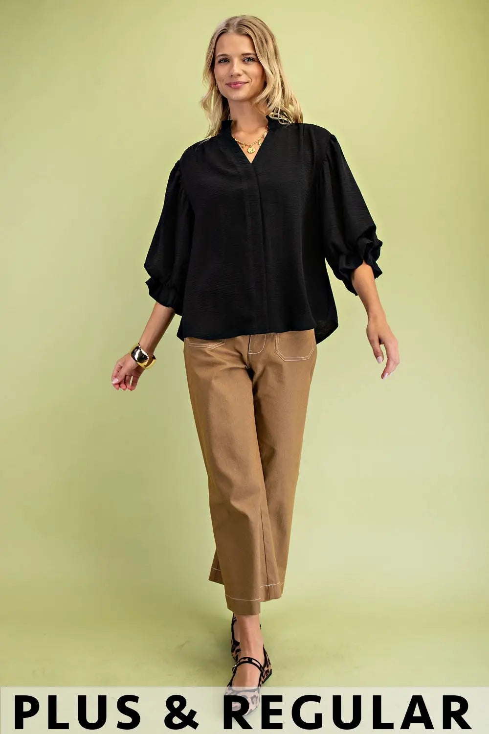 GiGiO Balloon Sleeve Blouse with Rounded Back Yoke - Black (Plus)