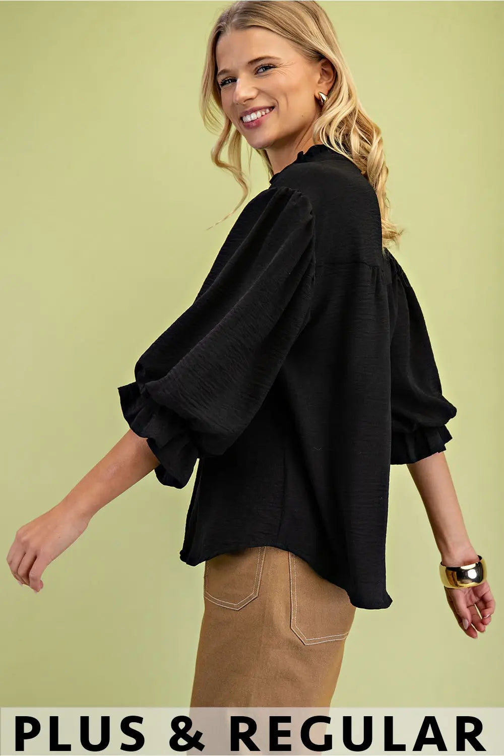 GiGiO Balloon Sleeve Blouse with Rounded Back Yoke - Black (Plus)