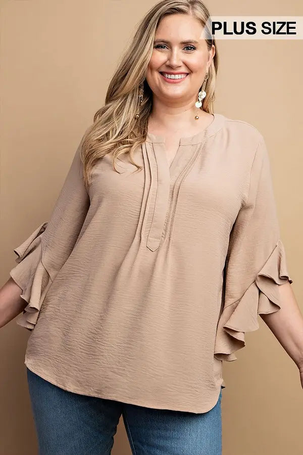GiGiO Ruffled Bell Sleeve Front Pleated Top (Plus)