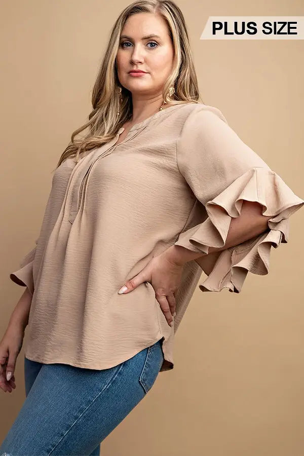 GiGiO Ruffled Bell Sleeve Front Pleated Top (Plus)