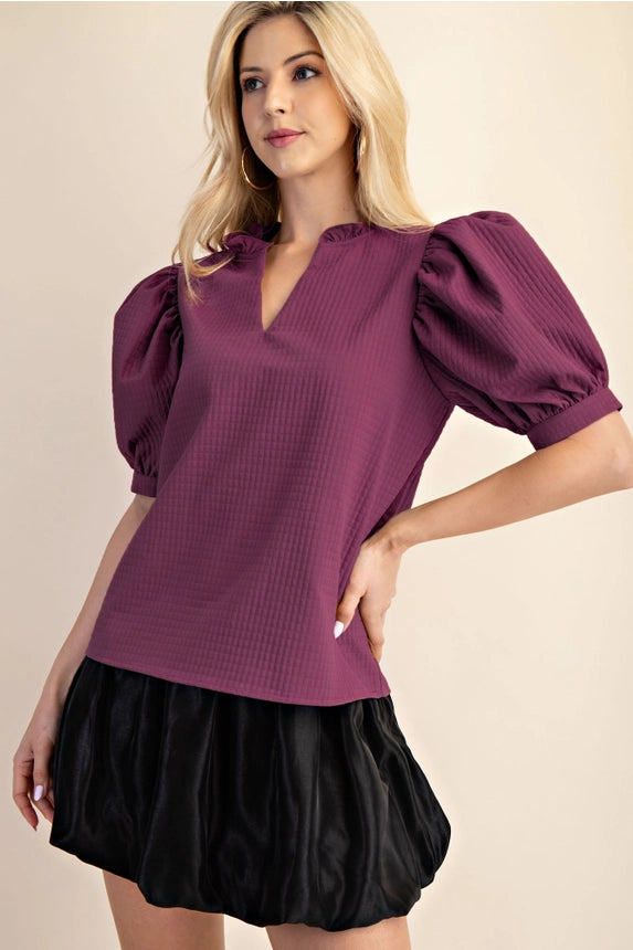 Glam Puff Sleeve Ruffle V-Neck Textured Top