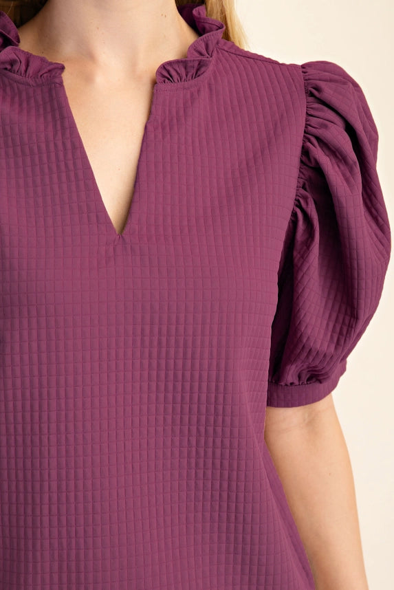 Glam Puff Sleeve Ruffle V-Neck Textured Top