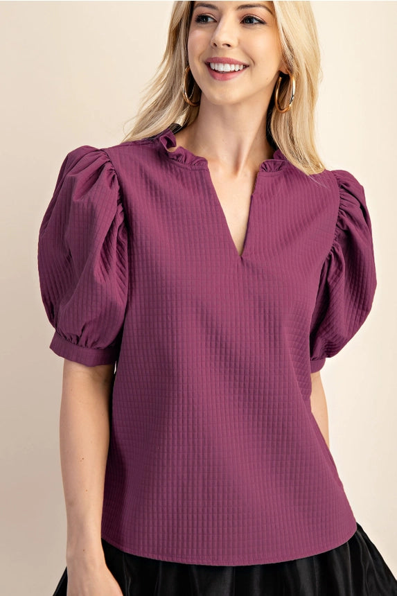 Glam Puff Sleeve Ruffle V-Neck Textured Top