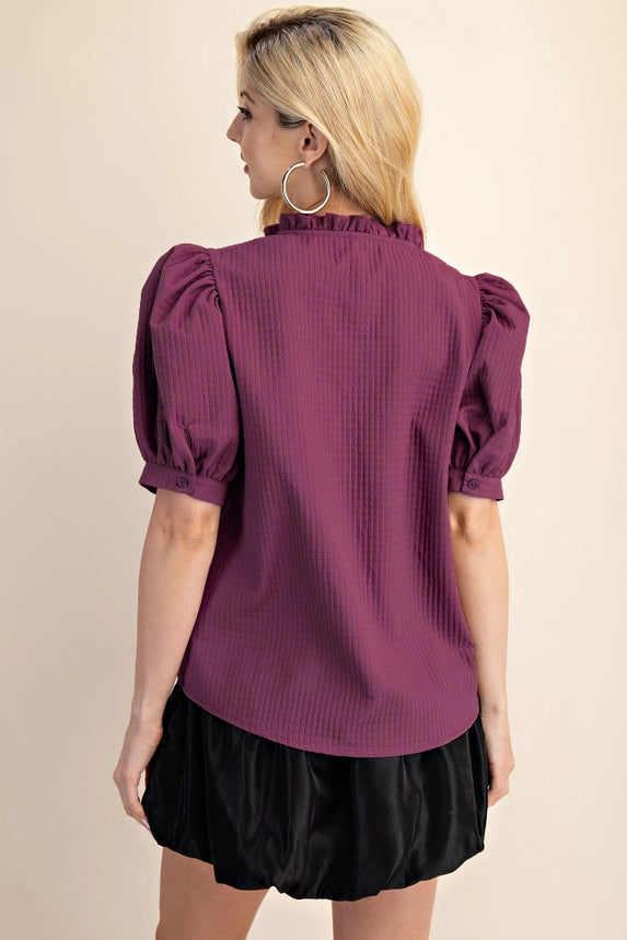 Glam Puff Sleeve Ruffle V-Neck Textured Top