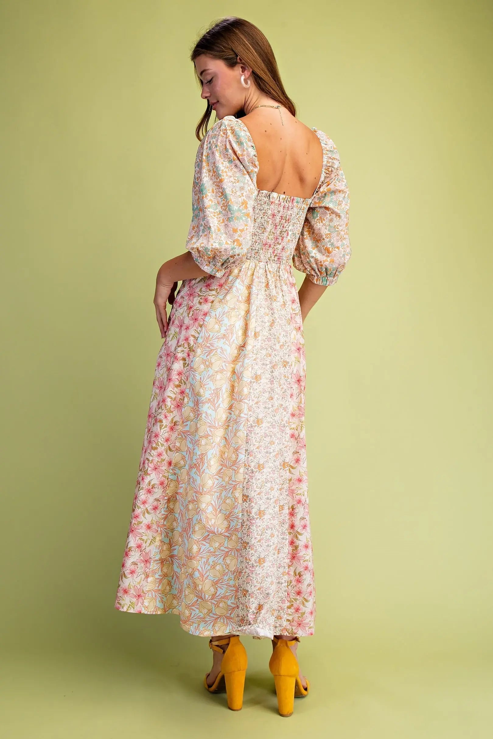 Floral Midi Dress with Smocked Back & Pockets