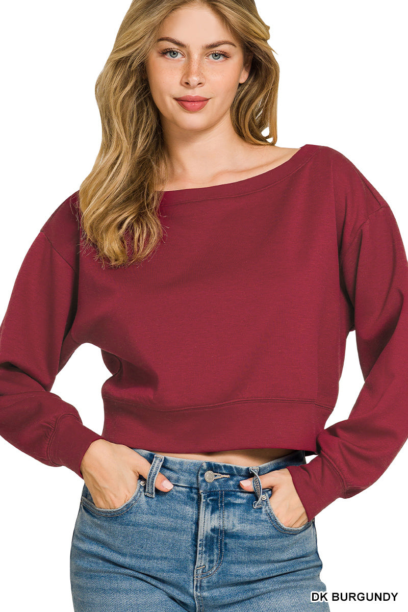 Zenana Scuba Cropped Boat Neck Pullover
